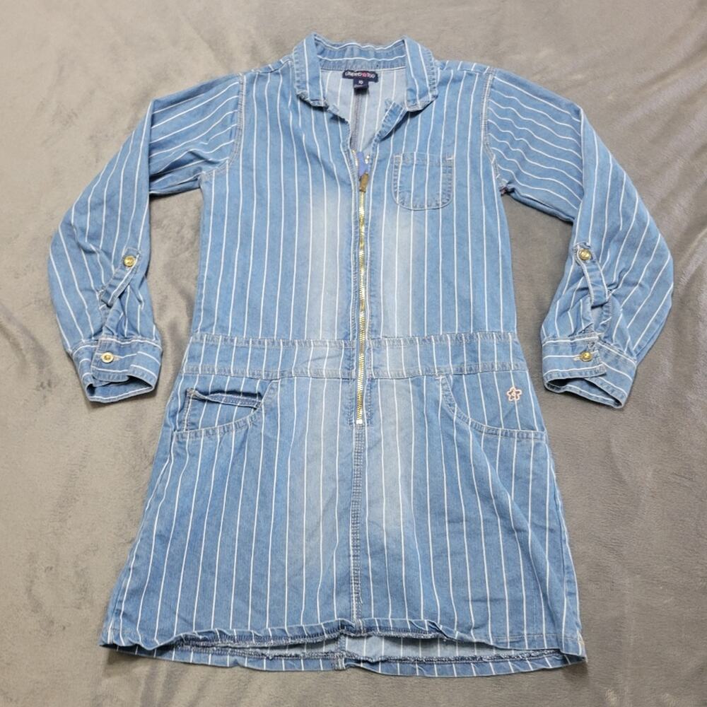 Vintage Girls Dress 10 Full Zip Blue Pin Striped Comfort Stretch Long Sleeve Top